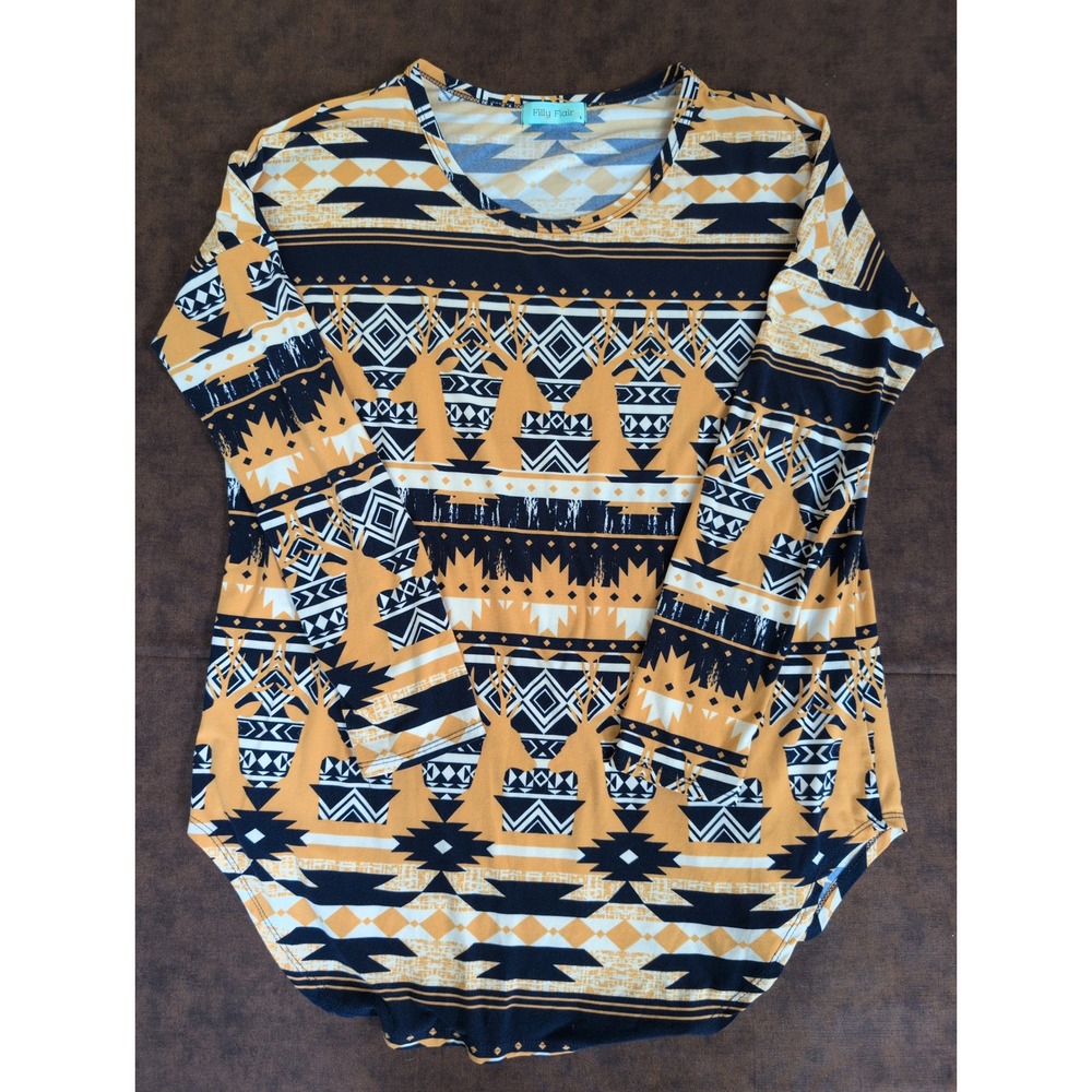 Filly Flair Womens Large‎ Southwestern Deer Print Tunic Mustard Navy Long Sleeve